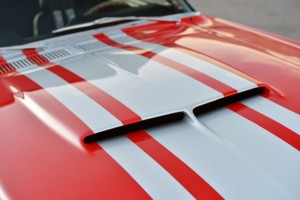 1967 Shelby GT500CR red with silver stripes built by Classic Recreations hood scoop