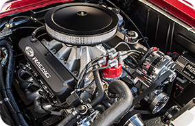 1967 Shelby GT500CR Classic red with black stripes built by Classic Recreations engine bay